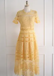 Party Dresses Long Lace Dress For Women 2024 Summer Yellow Short Sleeve Embroidery Stripe Evening Midi Outfits