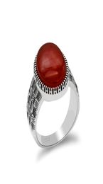 Turkey Jewelry 925 Sterling Silver Big Natural RedBlack Agate Stone Ring For Men Thai Silver Style Finger Ring Male Women3051133