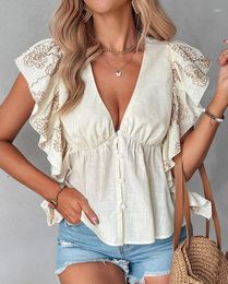 Women's T Shirts Casual Shirt Women Clothing Ruffle Hem V-Neck Top Spring Summer Solid Slim Floral Embroidery Elegant Fashion Blouse