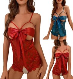Casual Dresses Women Crotchless Sexy Lingerie Cutout Floral Lace Bow Bodysuit With Adjustable Spaghetti StrapCasual6012973