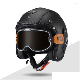 Motorcycle Helmets Keaz Leather Open Face Helmet With Halley Glass 3/4 Half Jet For Men Cruiser Chopper Moped Scooter Drop Delivery Au Otg9J