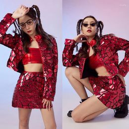 Stage Wear Red Mirrors Costumes Sequins Laser Coat Skirts Women'S Group Jazz Dance Clothing Bar Nightclub Dj Rave Outfit XS5297
