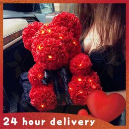 Decorative Flowers Wreaths Christmas Valentine's Day Gifts 23cm Led Red Rose Teddy Bear Rose Flower Artificial Decoration Birthday Gifts Valentines Gifts