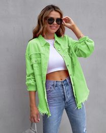 Womens Denim Perforated Tassel Coat Fashion Casual Females Jacket Multi Colour Polo Collar Womens Top S-XXL 240202