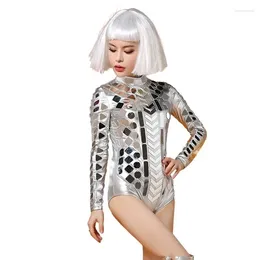 Stage Wear Silver Mirror Bodysuit Elastic Leotard Sexy Jumpsuit Female Nightclub Bar Costume Vocal Concert DJ Dance Performance