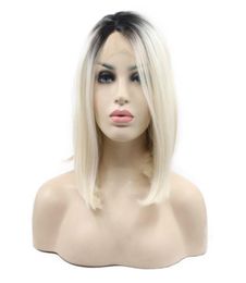 Dark Roots Ombre Platinum Blonde Bob Hairstyle Synthetic Lace Front Wigs Middle Parting 60 Short Straight Heat Resistant Fiber Ha4781437