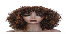 Ombre Short Curly Wigs for Black Women Brown Synthetic Afro Wig with Bangs Natural Full Heat Resistant Hair3518398