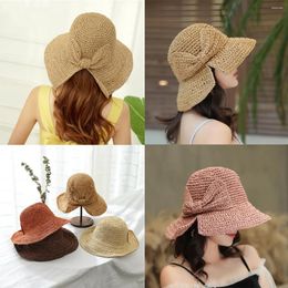 Berets 2024 Fashion Women Sun Straw Vacation Fisherman Hat Lady Curled Edge Cap Foldable Bowknot Decorative Pure Color