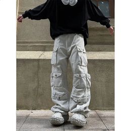 Street White Multi-pocket Overalls Mens Harajuku Style Loose Casual Trousers Straight Mopping Pants Autumn 240202