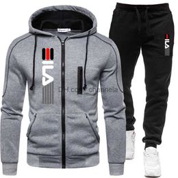 Men's Tracksuits New solid mens zippered jacket with hood zipper+sports pants casual jogging sportswear 2-piece mens wool street clothing set T240217