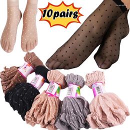 Women Socks Silk Dot Ankle Short Sox Elastic Lace Nylon Fashion Transparent Ultrathin Female Mesh Non-Slip Bottom Splice Sock