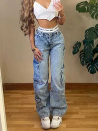 Women's Jeans Aesthetical Vintage Cargo Womens Pants Y2k High Waist Straight Pocket Jeans Casual and Unique Fake Zipper Pocket Womens Trousers 2022 J240202 J240217