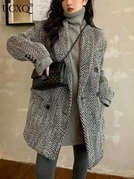 UCXQ Temperament Blazer Women Black White Herringbone Wool Coat Womens Autumn Winter Cotton Medium Long Suit Coats 23A4437 240202