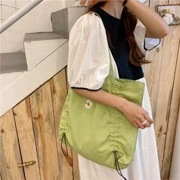 Shopping Bags Green Embroidered Little Daisy Shoulder Bag Literary Student Canvas Girl Handbag Grocery Fabric Tote