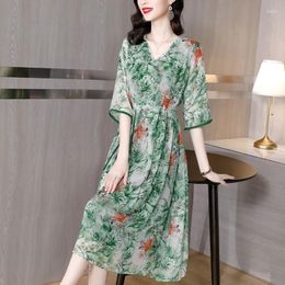 Party Dresses 2024 High Quality Print Rayon Chic Midi Dress Women Elegant Loose Waist Long Robe Summer Korean Vintage Casaul Evening