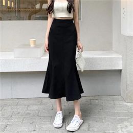 Skirts Summer White Hip Long Skirt Women's Fashion High Waist Slim Fit Ruffle Edge Mid Length Fishtail Clothing P542