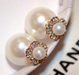 Super glittering ins fashion designer double sided lovely cute flower crystals diamonds pearl stud earrings for woman girls1058019