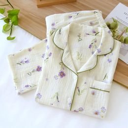 Women's Sleepwear Spring / Autumn Cotton Long Sleeved Pants Pajamas For Women Washed Crepe Fabric Home Clothing Purple Flower Print