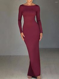 Casual Dresses Women S Solid Color Long Dress Sleeve Boat Neck Backless