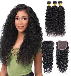 Mongolian Human Hair 3 Bundles With Lace Closure water Wave Curly Cheap Hair Extensions 95100gpiece Natural Color5391319