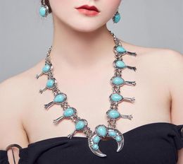 Turquoise Squash Blossom Metal Statement Necklace Earrings Jewelry Set for Women Vintage Elegant Necklace fit for Party Christmas 6364126