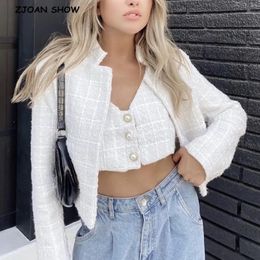 Autumn Notched Soft Woollen Tweed Blazer Cropped Vintage Women Pearl Button Tank Top Long sleeve Short Suit Coat White Black 240117