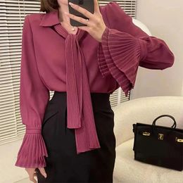 Women's Blouses Vintage Blouse Women Spring Autumn England Style Long Flare Sleeve Tops Pleated Chiffon Shirts Blusas Mujer