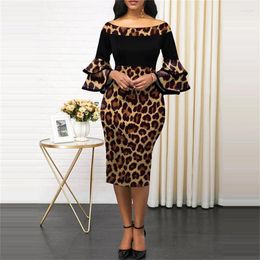 Casual Dresses Ladies Leopard Print Dress Autumn And Winter Metropolis Fashion Layered Trumpet Sleeve Boat Collar Skinny Pencil