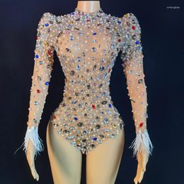 Stage Wear Colorful Rhinestones Bodysuit Sexy Perspective Mesh Gogo Costume Women Clothes Nightclub Dj Festival Outfit SL7299