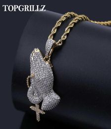 Iced Out Praying Hand Pendant Necklace With Mens Women Gold Silver Colour Hip Hop Charm Jewellery Necklace Chain For Gifts T19112925249202378