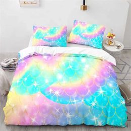 Bedding sets Colourful Fish Scales Bedding Set Twin King For Kids Girl Blue Pink Mermaid Skin Surface Print Duvet Cover Polyester Quilt Cover