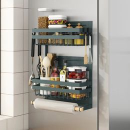 No Hole Refrigerator Magnetic Spice Rack with Hooks Kitchen Storage Paper Towel Holder Microwave Side Hanging Organiser 240223