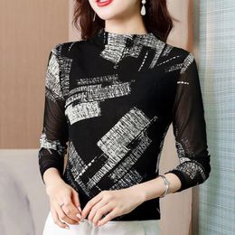 Women's Blouses 2024 Women Spring Autumn Printed Mesh Shirt Tops Female Casual Long Sleeve Shits Ladies Tight Half High Collar G479