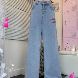 Women's Jeans Blue Kawaii Female Denim Pants With Decorations Letter Pockets High Waist S Trousers Embroidered In Cool Z