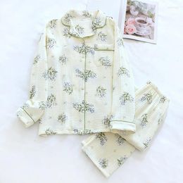 Women's Sleepwear Spring Pure Cotton Gauze Long Sleeved Lapel Print Home Clothing Washed Crepe Fabric Sweet Cardigan Pyjamas