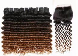 Ombre Colour T 1B430 Deep Wave Remy Human Hair Bundles With 4x4 Lace Closure5760623