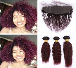 Wine Red Ombre Kinky Curly Peruvian Virgin Human Hair 3Pcs Bundles with 13x4 Frontal Closure 1B99J Burgundy Ombre Lace Frontal w6254003