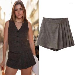 Skirts Cheque Mini Set For Women 2024 Pleat Skort Woman Fashion High Waist Short Skirt Ladies Vintage Side Zip-Up Shorts