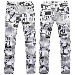 Mens High Quality Street Fashion Prints JeansSlimfit Stretch Denim Pantsspaper Painting Party JeansCool Casual Jeans; 240129