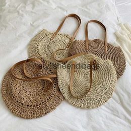 Shoulder Bags Round Straw Beach Bag Vintage Handmade Woven Handbag Raffia Women Travel Bohemian Summer Vacation Casual Totes bagH24217