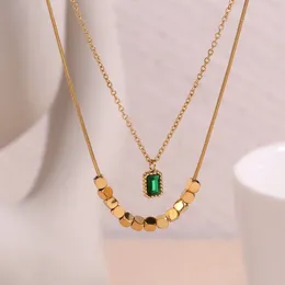 Pendant Necklaces Square Bead Green Rhinestone Double-layer Necklace 18K Gold Plated Decoration 316L Stainless Steel Jewellery