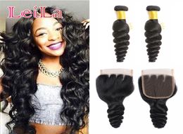 Brazilian Loose Wave 2 Bundles with 4X4 Closure Human Hair Middle Three Part Virgin Hair Unprocessed8620297