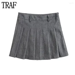 Skirts Striped Pleated Mini Skirt Women Faux Wool Mid Rise For Winter Office Woman Streetwear Short