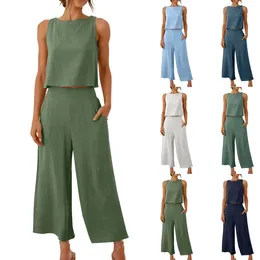 Women's Two Piece Pants Sleeveless Tank Top 2-Piece Split Solid Colour Wide Leg Set With Open Button 2024 Summer Elegaant And Sexy