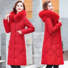 Women's Trench Coats Middle Aged Mother Down Cotton-Padded Jacket Loose Hooded Fur Collar Coat Thicken Mid-Long Parkas Women Winter Clothes