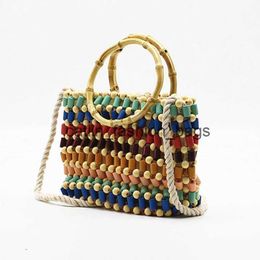 Shoulder Bags Colourful beads woven bag Colour hand pearl shoulder straw Crossbody women high-end fashion wood small handbagH24217