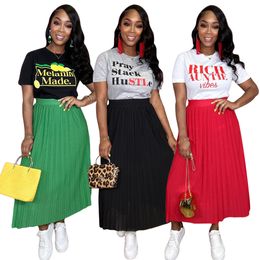Women's Fashion Casual Pattern Short Sleeve and Pleated Skirt Set Beach Long Skirt Red Green Black Skirt Free Ship
