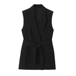 Women's Vests Fashion Woman Wrap Long Vest Black Tied Belt Double Breasted 2024 Vintage V-neck Sleeveless Overcoat Women Streetwear