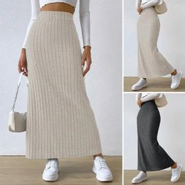 Skirts Women Fall Winter Skirt High Waist Knitted Elastic Thick Warm Ankle Length Striped Slim Fit Split Hem Soft Sheath Lady Maxi Skir