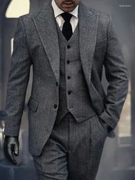 Men's Suits 3 Piece Suit For Men Tweed Vintage Wool Jacket Pants Vest High Quality Custom Grey Herringbone